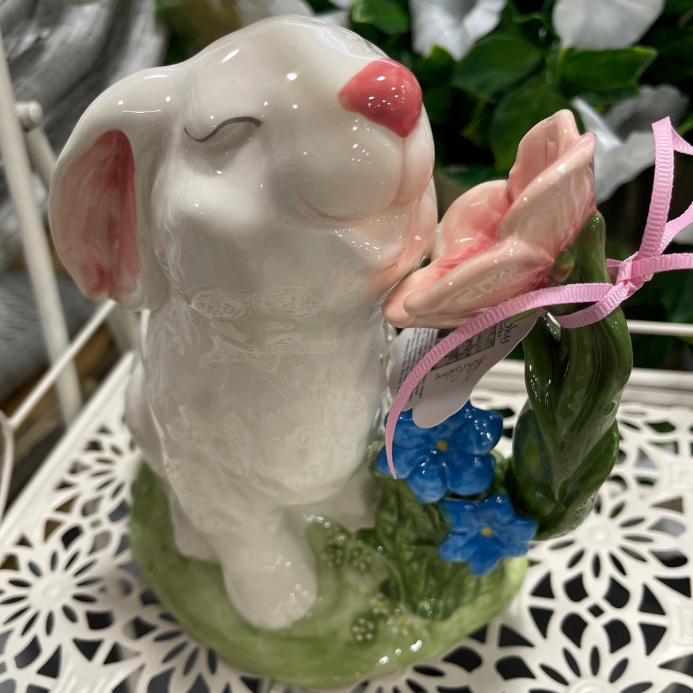 Blue Sky Clayworks Easter Bunny Smelling Pink & Blue Flower Ceramic NWT